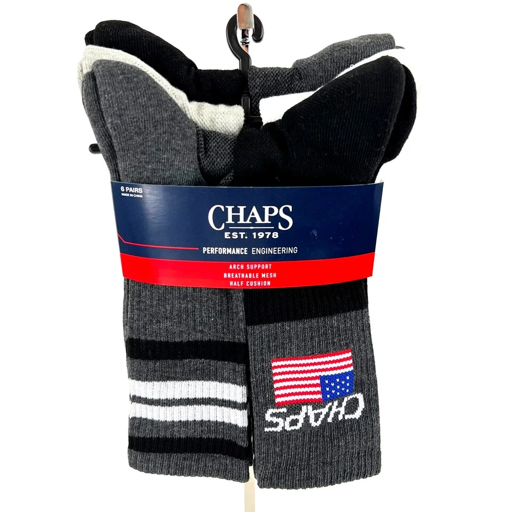 NEW Chaps Men’s Athletic Crew Socks 6 Pairs Arch Support Black Shoe Size 6-12.5